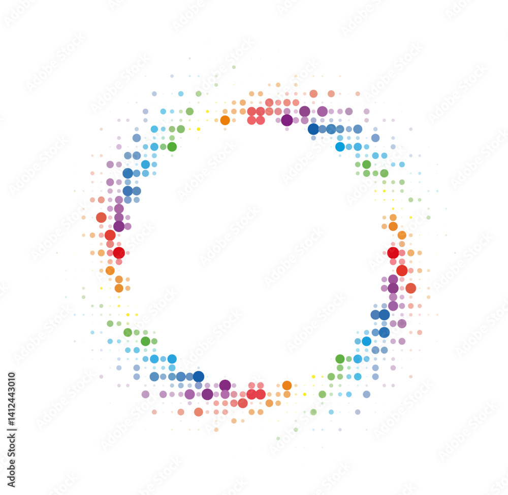 Poster circular vector illustration made of small, multicolored dots arranged in a gradient pattern, creati