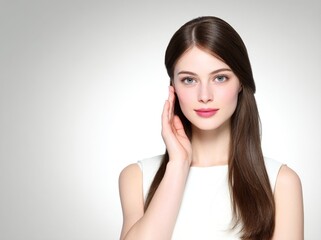 Fototapeta premium The concept of beauty encompasses a woman with long, healthy brunette hair and flawless skin, often enhanced by makeup and cosmetics