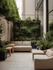 Fototapeta premium A modern outdoor lounge area with natural green plants and furniture