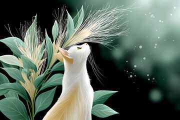 Whimsical cream cat gazing upward amidst ethereal, glowing plants