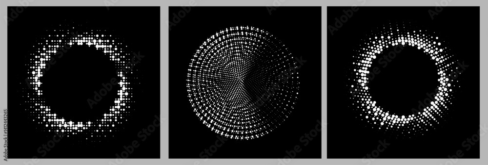 Leinwandbilder Set of three abstract vector circles with dot halftone effects on black backgrounds. Each design features white dots forming circular shapes, creating a modern, digital, and dynamic visual impression.
