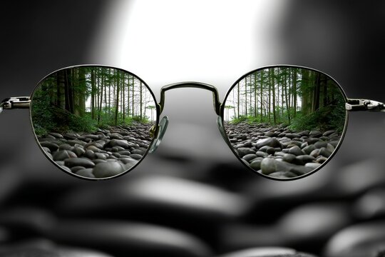 A pair of women's glasses focuses on a kaleidoscopic view of a river and forest, while the surrounding background remains monochrome, conveying the idea of enhanced vision and diverse worldview