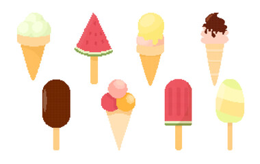 Pixel art colorful ice cream set. Vector ice cream, various flavors, isolated on white background. Pixelated game design for stickers, mobile app. Retro pixel art.
