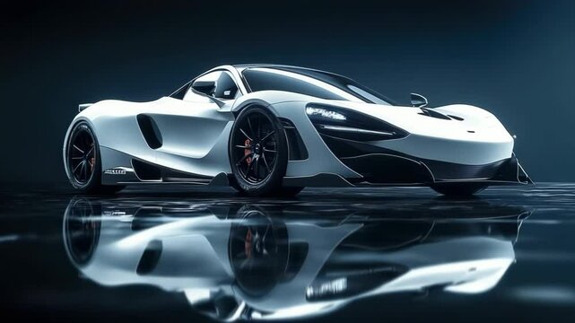 A striking and sleek white sports car is displayed under dynamic lighting in a modern setting, highlighting its aerodynamic curves and cutting-edge technology. Showcasing futuristic design and perform