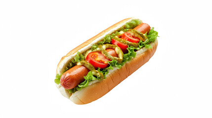 a hot dog in a bun covered in tomatoes, onions, peppers, ketchup, mustard and other toppings on a transparent background, PNG image, PNG file, Generative art.