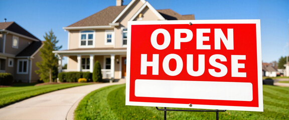 Fototapeta premium Open House Sign Displayed in Front of a Residential Home 