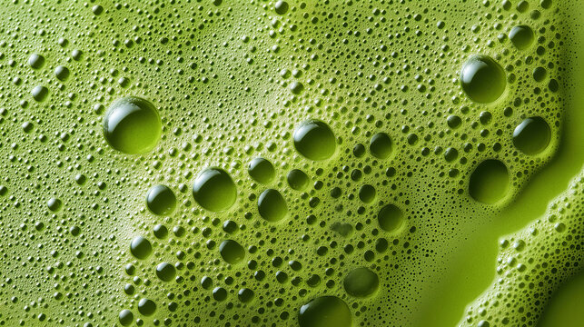 green matcha tea with frothy microfoam, a macro and full-frame texture shot, close-up texture, top view