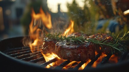 Grilled Meat Over Flames with Fresh Herbs and Outdoor Setting