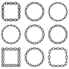 Cartoon metal different chain borders and frames. Isolated on white background. Vector Black silhouettes  icon set.
