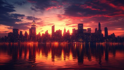 Fototapeta premium Dreamlike Cityscape with Dramatic Sunset Sky