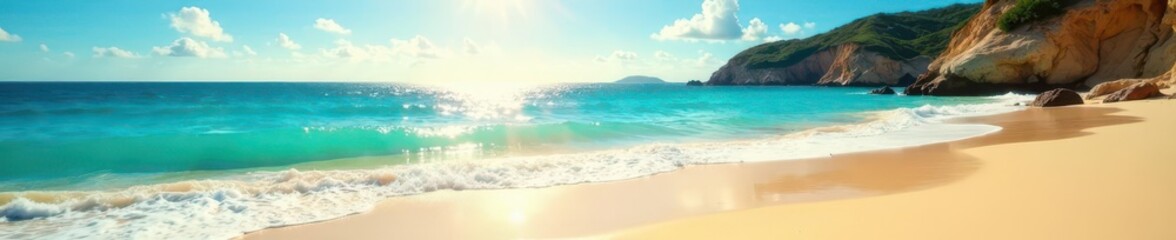 Obraz premium Golden sand meets turquoise sea under vibrant sun, day, turquoise