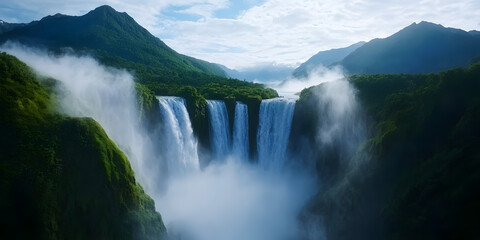 Fototapeta premium A gigantic waterfall cascading into a misty river below, with distant mountains in the background.