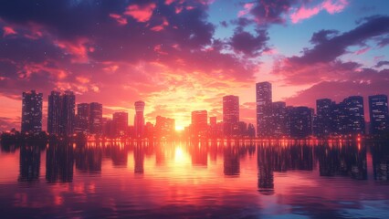 Obraz premium Silhouetted Skyscrapers Against Colorful Sunset