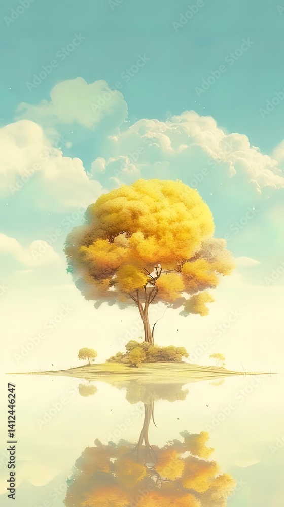 Poster 黄金色の冠を持つ単一の木が水面に映る穏やかな風景画 明るい青空とふわふわした雲 背景に穏やかな水面と小さな島の植物