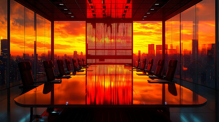 Modern conference room with sunset view over city skyline, reflecting vibrant colors on glass