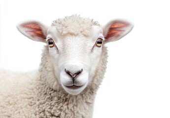 Fototapeta premium Close-Up Portrait of a Curious Sheep Against a White Background