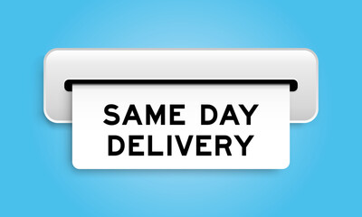 White coupon banner with word same day delivery from machine on blue color background