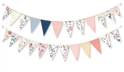 Decorative Bunting Flags with Floral Patterns in Soft Colors