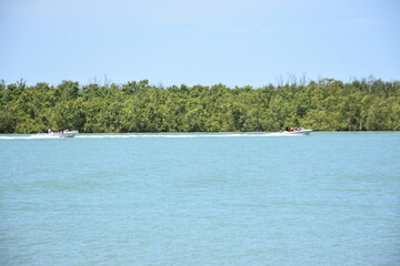 A peaceful view of the Bakkhali River, where a traditional wooden boat glides across calm blue waters. Lush green foliage surrounds the river, creating a serene natural scene.
