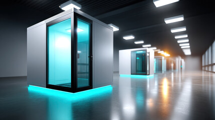 Fototapeta premium A Minimalistic server room with glowing AI core housed inside transparent glass emitting soft blue light