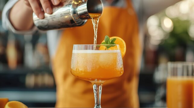 Bartender pouring cocktail in chic bar drink preparation modern setting close-up action shot - Powered by Adobe