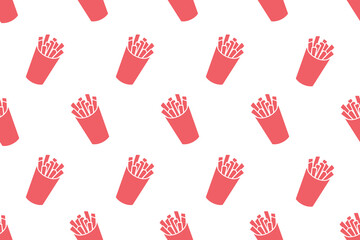 Solid Red French Fries Seamless Pattern on White Background