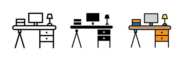 Office desk icon on white background vector illustration stroke, filled and colored icon set.