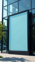 Large billboard mockup on glass facade of modern office building, big data, clear sky