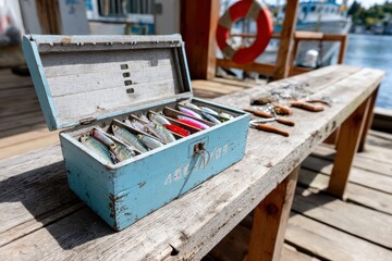 A well-used fishing tackle box sits open on a weathered wooden pier, showcasing colorful lures and fishing accessories against a serene backdrop of water and boats.