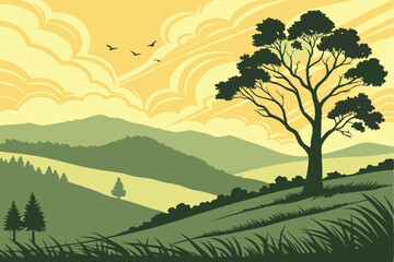 4 Serene sunset landscape, vibrant yellow and orange sky, wispy clouds, rolling green hills, lush grass field, silhouetted mountains, dramatic lighting, peaceful atmosphere, digital art style, vector 