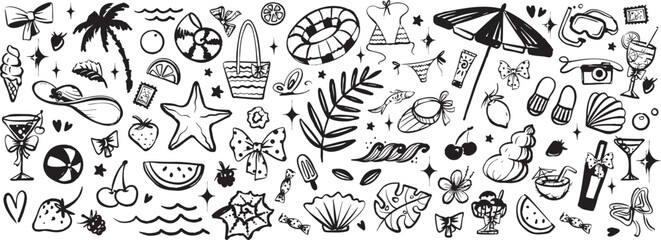 Tropical sea beach vacation sea set. Summer vacation doodle style illustration. Hand drawn crayon doodle illustrations of palm trees, swimsuit, coconut, elements for t-shirt print, invitations. Ocean