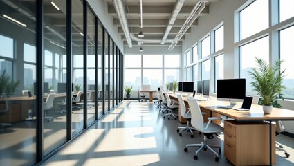 A spacious modern office design with contemporary elements and ample natural light creating a productive work environment