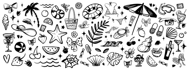 Tropical sea beach vacation sea set. Summer vacation doodle style illustration. Hand drawn crayon doodle illustrations of palm trees, swimsuit, coconut, elements for t-shirt print, invitations. Ocean