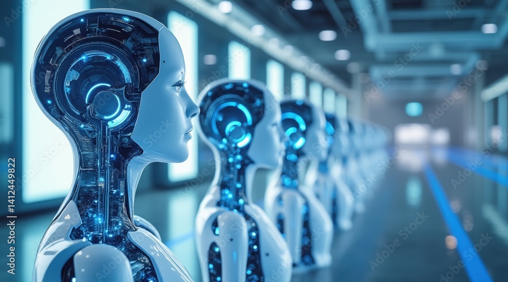Poster Futuristic robots lined up in a tech-filled environment.