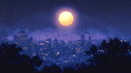 Tranquil Cityscape at Night with Full Moon and Dark Blue Sky in Pixel Art Landscape Panorama