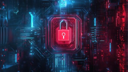 Red padlock icon on a circuit board background with blue and red lighting.