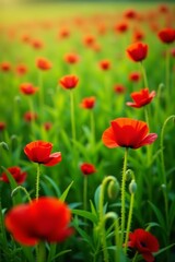 Fototapeta premium Lush green field covered with delicate red poppies in full bloom, countryside, landscape