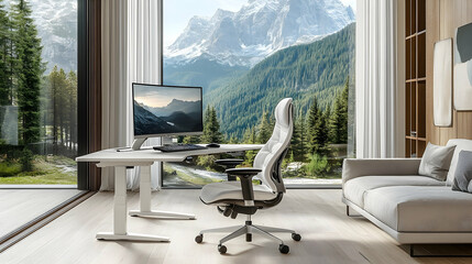 Fototapeta premium Modern home office with computer setup overlooking a serene mountain landscape and lush greenery
