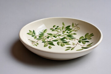 white ceramic serving plate featuring printed green leaves and small birds.