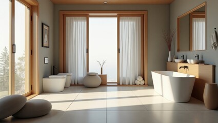 Tranquil bathroom interior with minimalist design and vibrant colors for a refreshing and relaxing experience