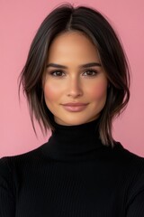 Fototapeta premium A stunning Spanish woman with short hair pulled back, exuding minimal modern style, is set against a pink backdrop and adorned in rose gold, clad in a tight black turtleneck, showcasing radiant skin