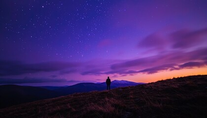 Fototapeta premium Silhouette figure gazing at starry night sky over mountain ridge