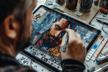 Man Creating Digital Artwork on Tablet Device With Stylus in Bright Studio Light Close Up Detailed Pixel Art Design