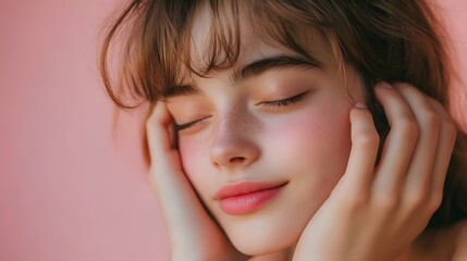 Young woman with closed eyes resting her face in her hands on pink background.