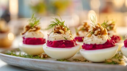 Obraz premium Elegant Deviled Eggs with Beetroot and Walnut Garnish on Platter