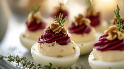 Elegant Deviled Eggs with Beetroot, Nuts and Fresh Herbs Garnish