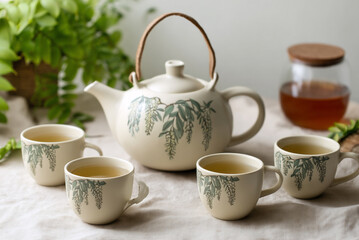 ceramic teapot with wisteria design, surrounded by matching cups.