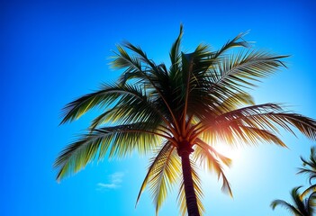 Majestic coconut palm tree silhouetted against vibrant blue sky, sea, beach