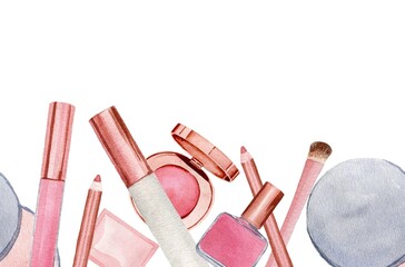 Horizontal border with nail polish, lip gloss, lip stick, lip liner, cream, powder. Watercolor illustration on white background. For wrapper, textile