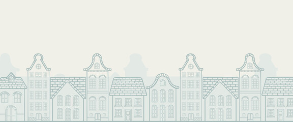 Europe Dutch style building and houses facade hand drawn illustration. Cityscape street view. For decoration, concept proposal, design, postcard, banner, social media